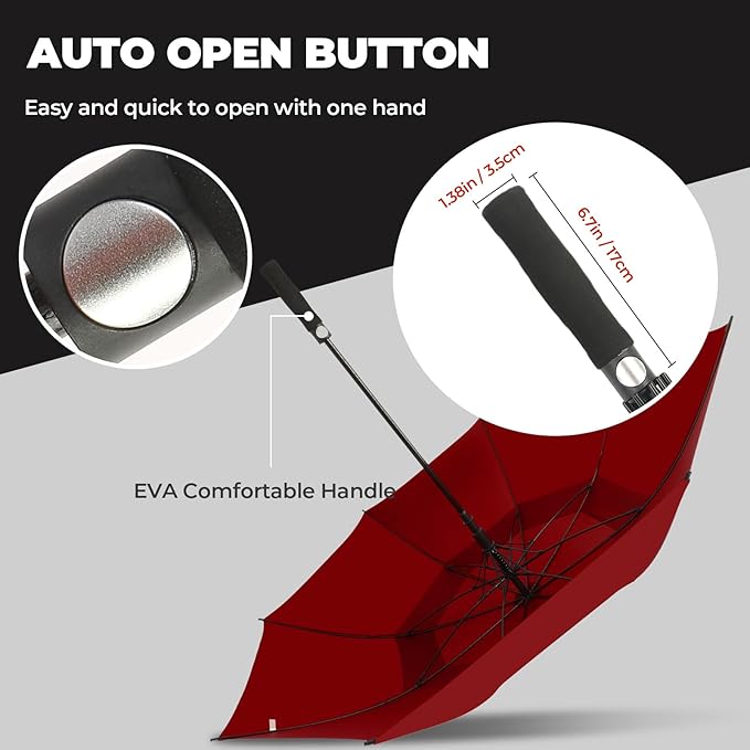 LLanxiry Automatic Open Golf Umbrella 54/62/68/72 Inch, Extra Large Windproof Vented Double Canopy Stick Umbrella, 210T Pongee Waterproof SPF 50+, Fiberglass Ribs, EVA Grip for Golf & Commute