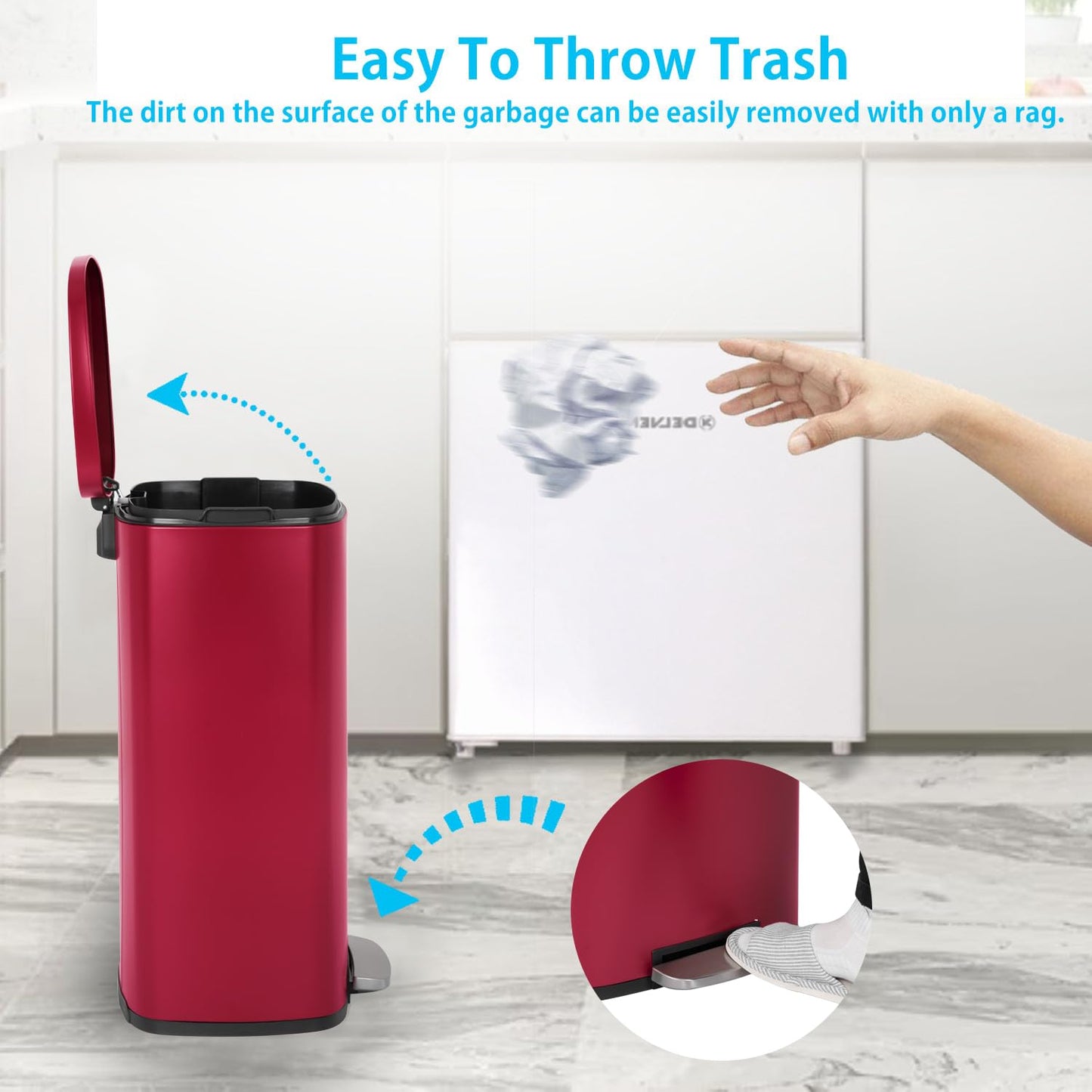 PayLessHere Stainless Steel Trash Can with Lid - Removable Inner Bucket, Foot Pedal, Soft Close for Office, Home, Kitchen (Red, 13 G)