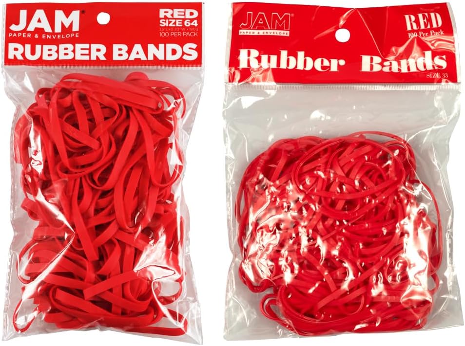 JAM PAPER Colorful Rubber Bands - Sizes 33 & 64 Set - Red Multi-Purpose Rubberbands - 200/Pack