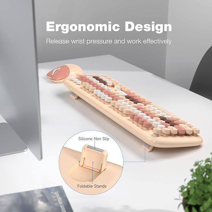 MOFII Wireless Keyboard and Mouse Combo, Full-Sized Colorful Typewriter Keyboard with Round Keycaps, 2.4G Cute Mouse Compatible with PC/Laptop/Computer,Milk Tea Color