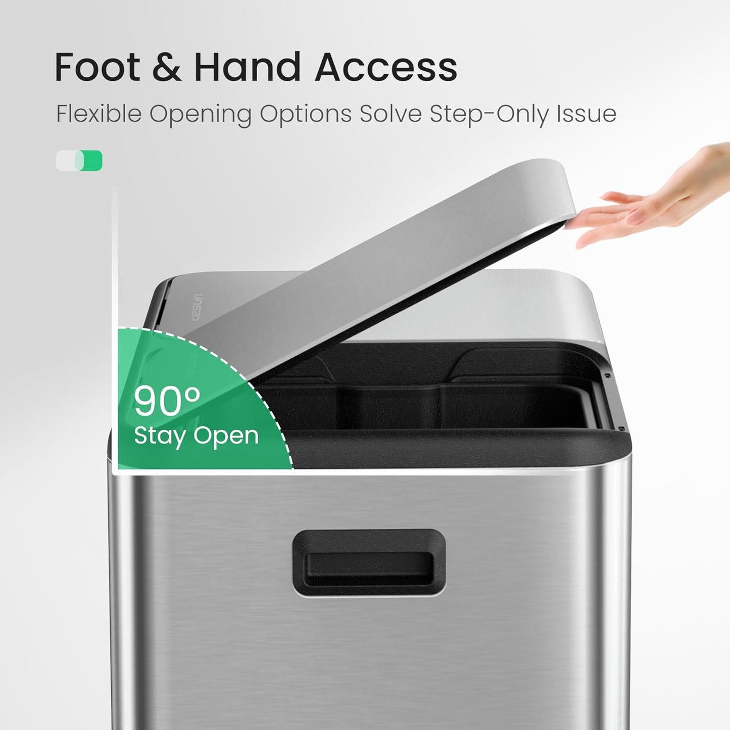 Cesun Kitchen Trash Can, 8 + 8 Gallon Dual Trash and Recycle Bin Combo, 2 Compartment Stainless Steel Kitchen Garbage Can with Lid, Removable Inner Buckets, Soft Close, Odor Filter, 30L+30L