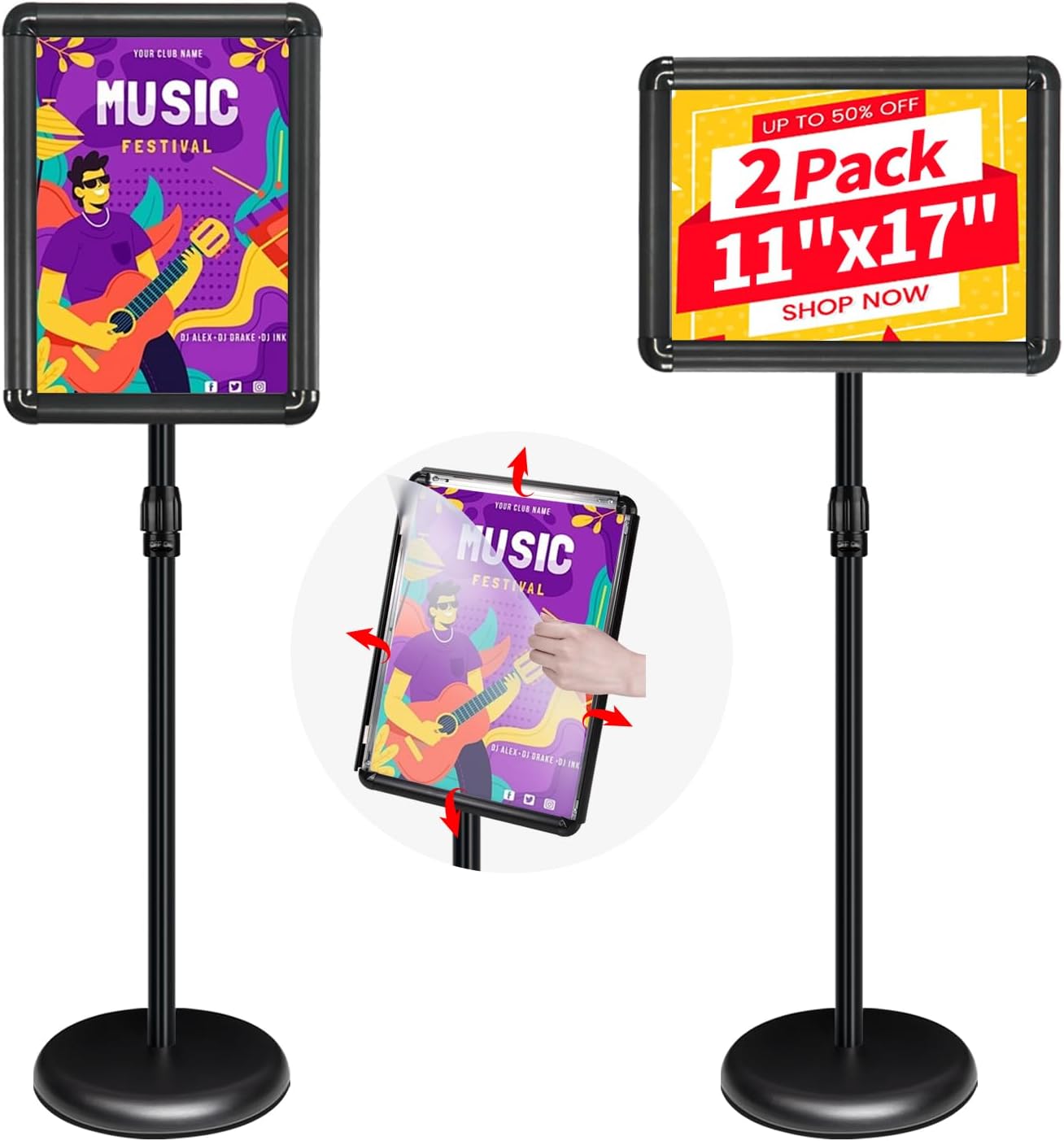 2Packs Adjustable Pedestal Sign Holder Stand 11''x17'', Floor Standing Poster Sign Stand for Vertical/Horizontal View Sign stand,Outdoor/Indoor Standing Sign Holders(Black, Round)