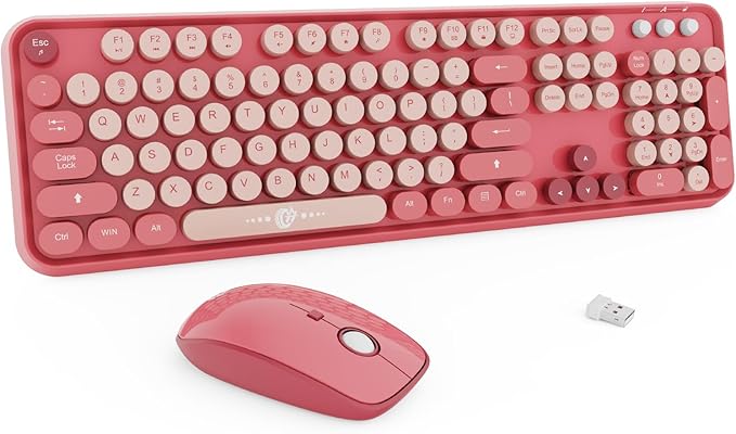 Wireless Keyboard and Mouse Combo, 104 Round Keys Cute Colorful Keyboard and Mouse with Retro Typewriter for PC/Mac/Laptop/Tablet/Computer/Windows Rose