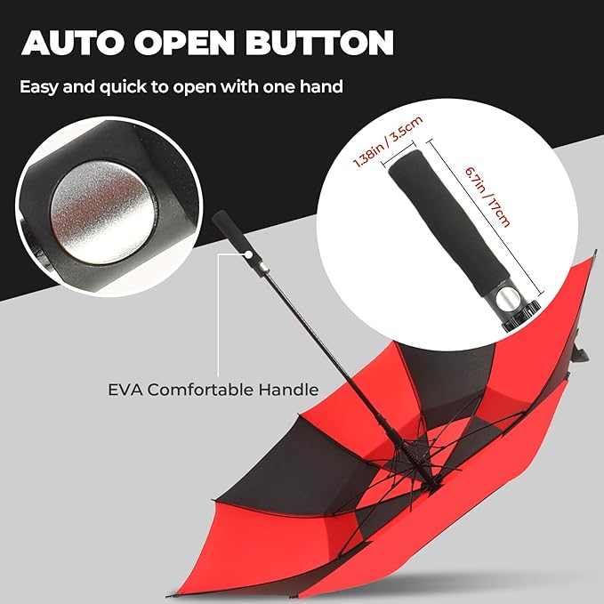 LLanxiry Automatic Open Golf Umbrella 54/62/68/72 Inch, Extra Large Windproof Vented Double Canopy Stick Umbrella, 210T Pongee Waterproof SPF 50+, Fiberglass Ribs, EVA Grip for Golf & Commute