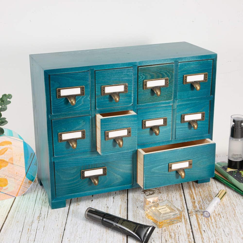 Apothecary Cabinet with 10 Drawers & Labels Rustic Library Card Catalog Cabinet Desktop Wooden Storage Box for Organize Herbal、Tea Bag、Jewelry (Blue)