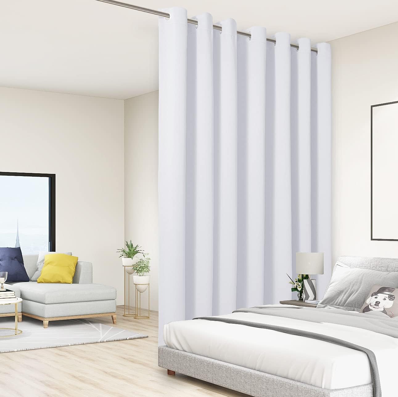 BONZER Room Divider Curtain Screen Partitions Total Privacy Wall Wide Blackout Curtains for Shared Room, 84L x 108W Inch (7L x 9W ft), 1 Panel, Greyish White