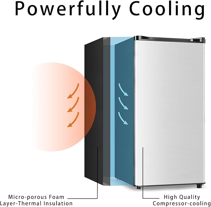 Seaoola Mini Fridge with Freezer, Single Door 3.1 Cu.Ft, Compact Mini Refrigerator, LED Light, Adjustable Thermostat, Removable Glass Shelves, Small Refrigerator for Dorm/Office/Bedroom(Sliver)