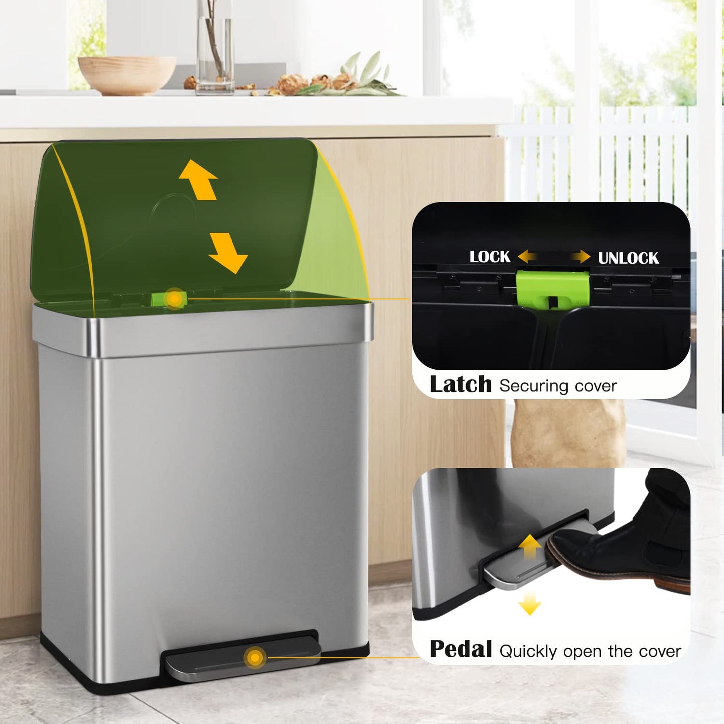 60 Liter Trash Can Soft-Close, Smude Resistant Trash Can with Foot Pedal-Brushed Stainless Steel and Two Independent Drums Waste Bin for Home, Kitchen, Office, Bathroom