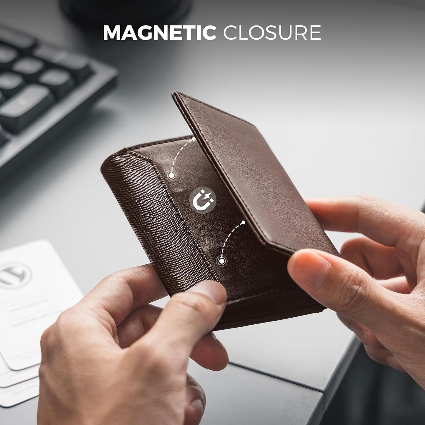 Real Leather Business Card Holder Premium RFID Blocking Card Case with ID Window and Magnetic Closure Holds Up to 40 Business Cards (Espresso)