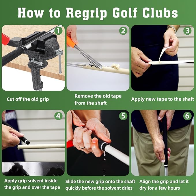 All-in-One Golf Grip Kit for Regripping Golf Clubs, 360° Swivel Portable Table Vise Rubber Clamp Golf Grip Removal Tool with Golf Grip Replacement Tape and Solvent, Golf Club Regripping Kit