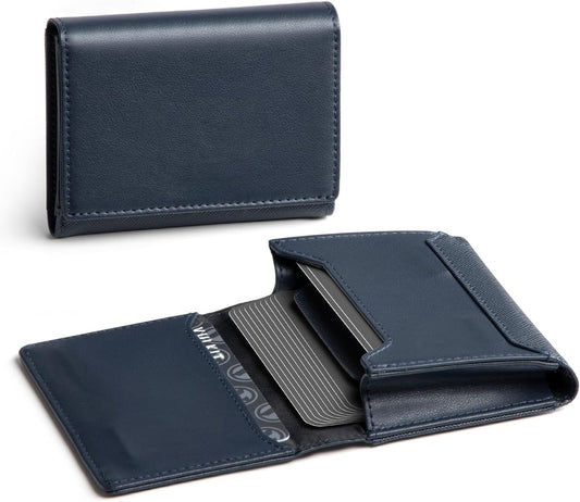 Real Leather Business Card Holder Premium RFID Blocking Card Case with ID Window and Magnetic Closure Holds Up to 40 Business Cards (Navy)
