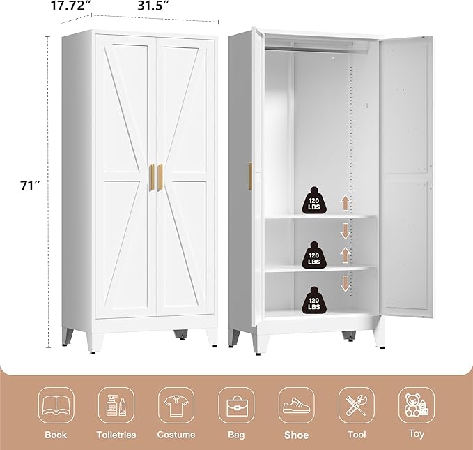 71" Tall Metal Wardrobe Closet with Adjustable Shelves and Hanging Rod, 2 Doors Free Standing Armoire Wardrobe Cabinet for Bedroom, Office, Laundry Room, White