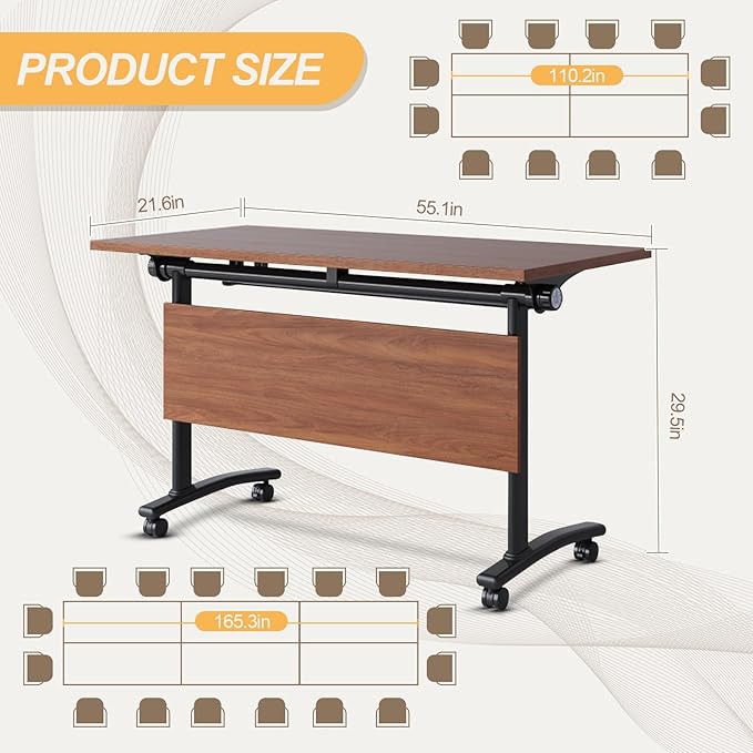 Conference Room Table with Silent Wheels, Mobile Folding Conference Table for 16 Person,Flip Top Office Training Tables with Walnuts Wood Tabletop, for School,Business Meeting Rooms (2 Pack 55in)