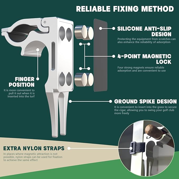 2-Pack Magnetic Sticks Holder for Golf Cart & Turf Divot Tools Anti-Loss Shining Aluminum Alloy 4-Point Strong Magnetic Lock Sponge Pads Protection CNC machined Fits 30-70 Ring (SILVER)