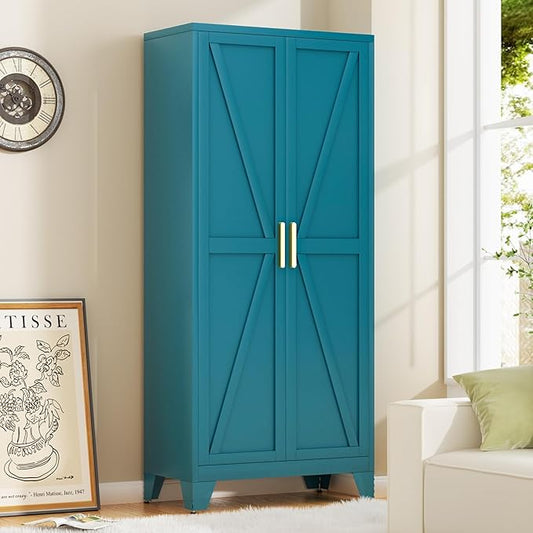 71H Tall Metal Storage Cabinet with 2 Doors and 5 Shelves,Farmhouse Storage Cabinet with Barn Doors,Pantry Storage for Home,Office,Bathroom,Dining Room,Kitchen(Blue)