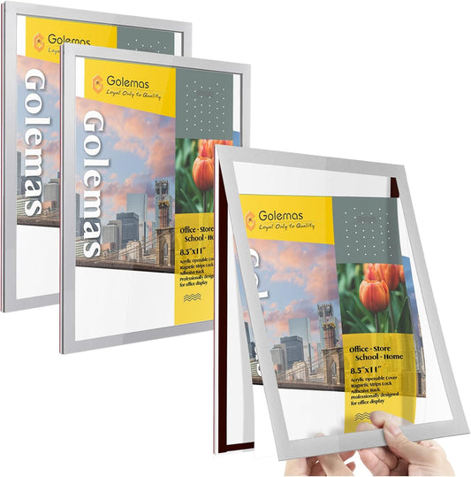 Acrylic Magnetic Sign Holder, Easy-Opening 8.5 x 11 Wall Mount Display Frames, Self Adhesive Back Plastic Clear Document Frame, Horizontal & Vertical Display (Silver, 3Pack)
