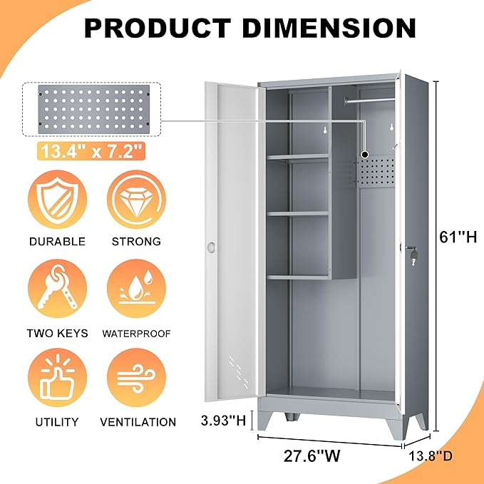 Golf Bag Storage Cabinet for Garage, Metal Golf Bag Organizer with Lockable Doors, 61" Sports Equipment Organizer for Garage, Home, Office, Gym