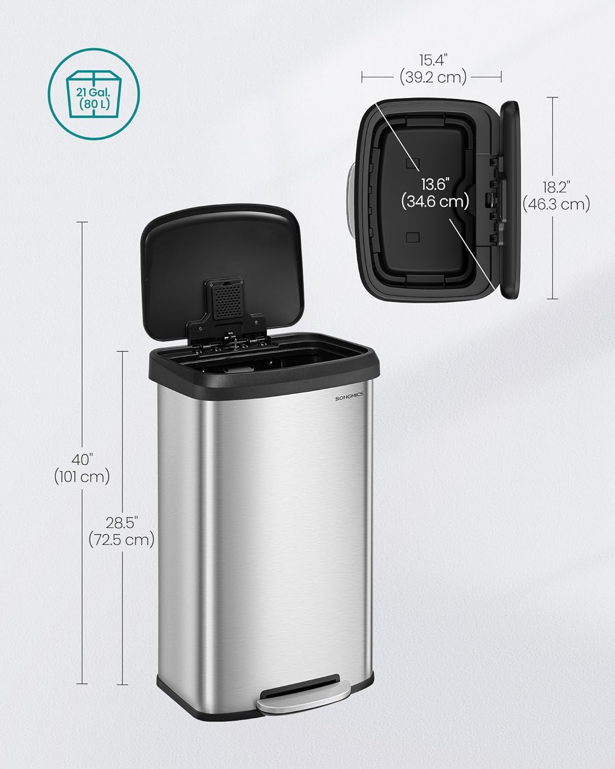 SONGMICS Kitchen Trash Can, 21 Gallon (80 L) Stainless Steel Garbage Can, with Stay-Open Lid and Step-on Pedal, Soft Closure, Tall, Large and Space-Saving, Silver and Black ULTB534E01