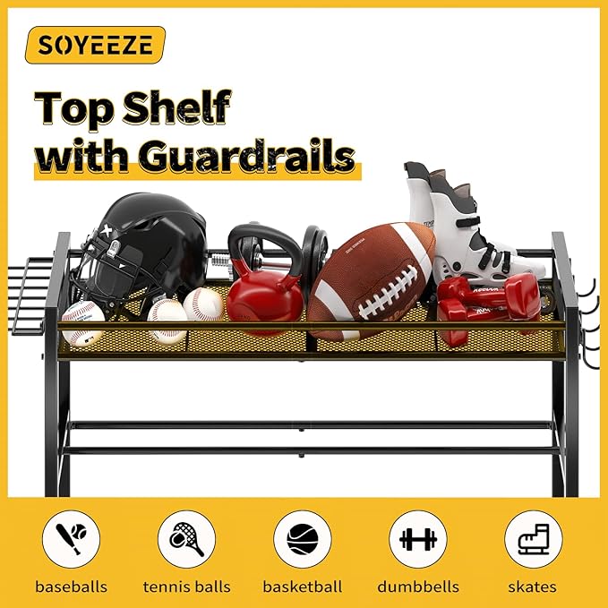 SOYEEZE Sports Equipment Organizer- Ball Storage for Garage,4 Tiers Outdoor Toy Storage,Soccer Racks,Basketball Shooting Training Stand Cart with Wheels and Hooks for Home-School and Gym Use