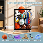 TomCare Garage Ball Rolling Storage Rack Large Capacity Basketball Holder with Elastic Rope [Hold 12-15 Balls][Easy to Take] Garage Sports Equipment Organizer cart with Wheels for Home, Outdoor Use
