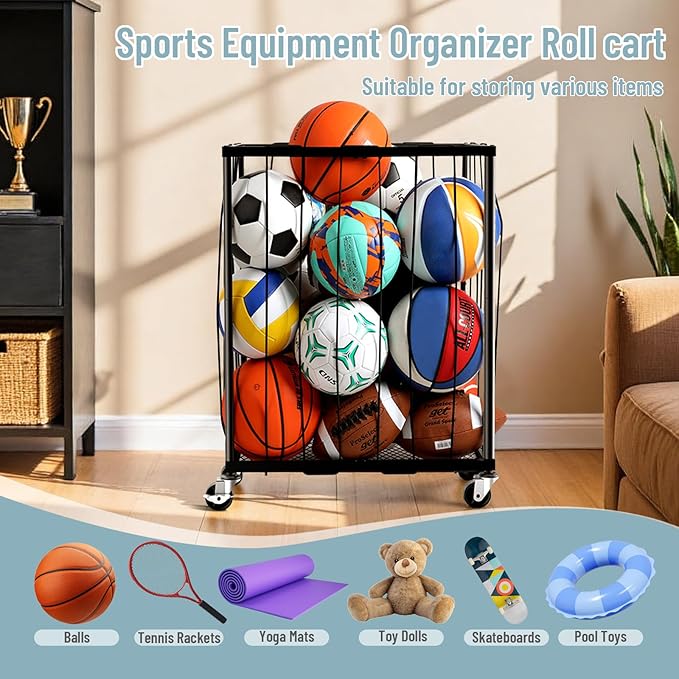 TomCare Garage Ball Rolling Storage Rack Large Capacity Basketball Holder with Elastic Rope [Hold 12-15 Balls][Easy to Take] Garage Sports Equipment Organizer cart with Wheels for Home, Outdoor Use
