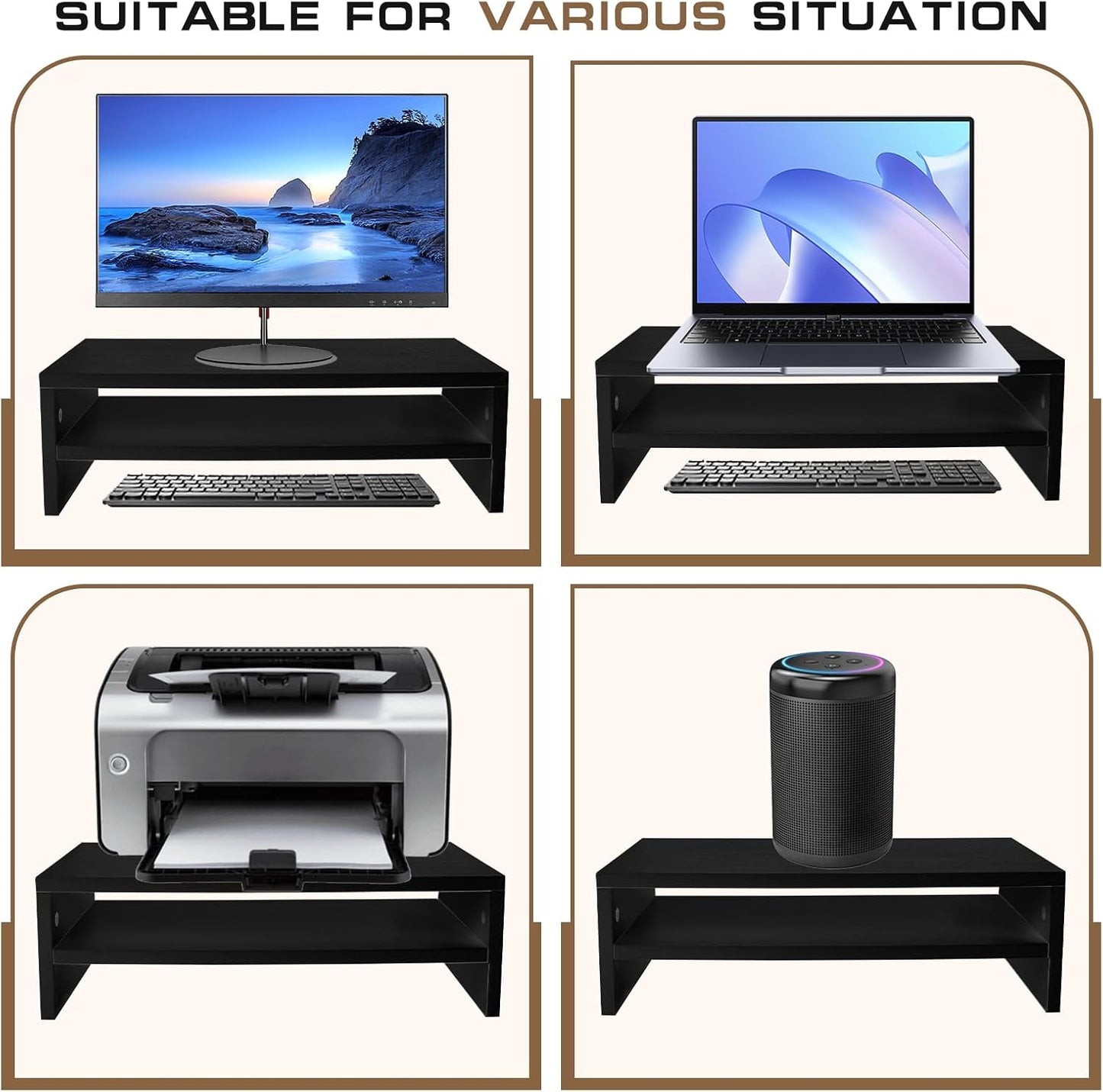 Monitor Stand Riser, 2 Tier Computer Stand, Desk Organizers and Accessories, Desktop Shelf with Storage for TV Screen PC Printer (Black-18.9inch)