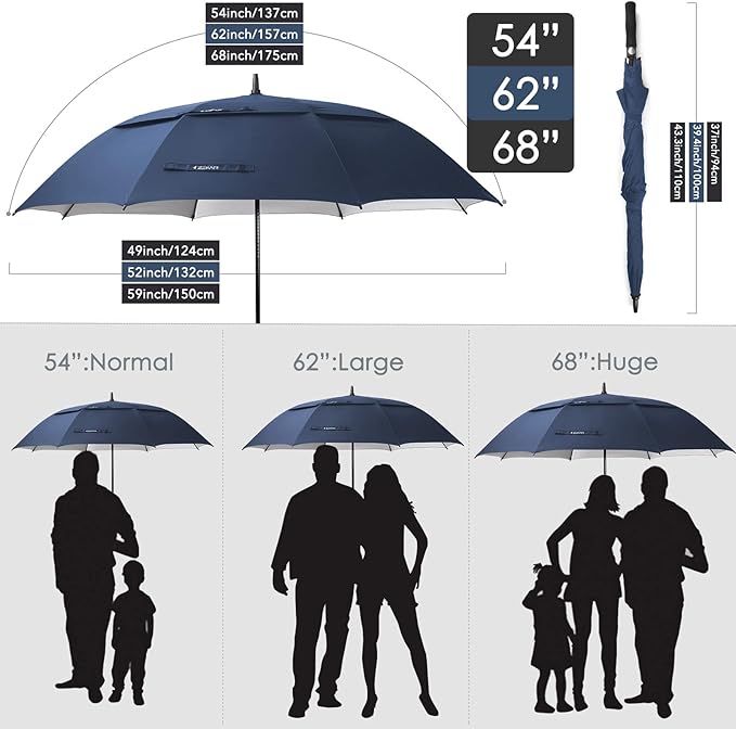 ZEKAR 54/62/68 inch Windproof Large Vented UV Protection and Classic Pongee Fabric Golf Umbrella, Double Canopy Rain and Sun Oversized Stick Umbrellas (Aqua-blue, 68”-Pack of 2)