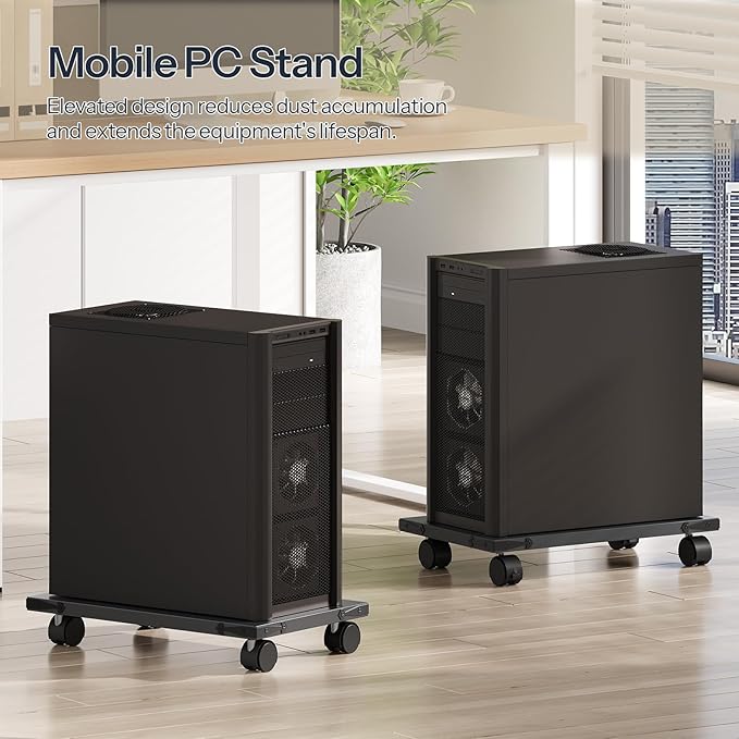 HOOBRO Mobile PC Stand, Ventilated Computer Tower Stand, PC Tower Holder with 4 Caster Wheels, CPU Holder Under Desk Fits Most Computer Host, for Office, Gamers, Black BB46CJ01