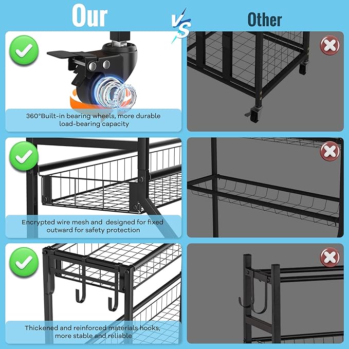 Sports Equipment Garage Organizer - Heavy Duty Garage Organization Ball Storage Rack with Basket, Hooks and Rolling Cart for Sports Gear and Toy Storage, Indoor/Outdoor Use, Black