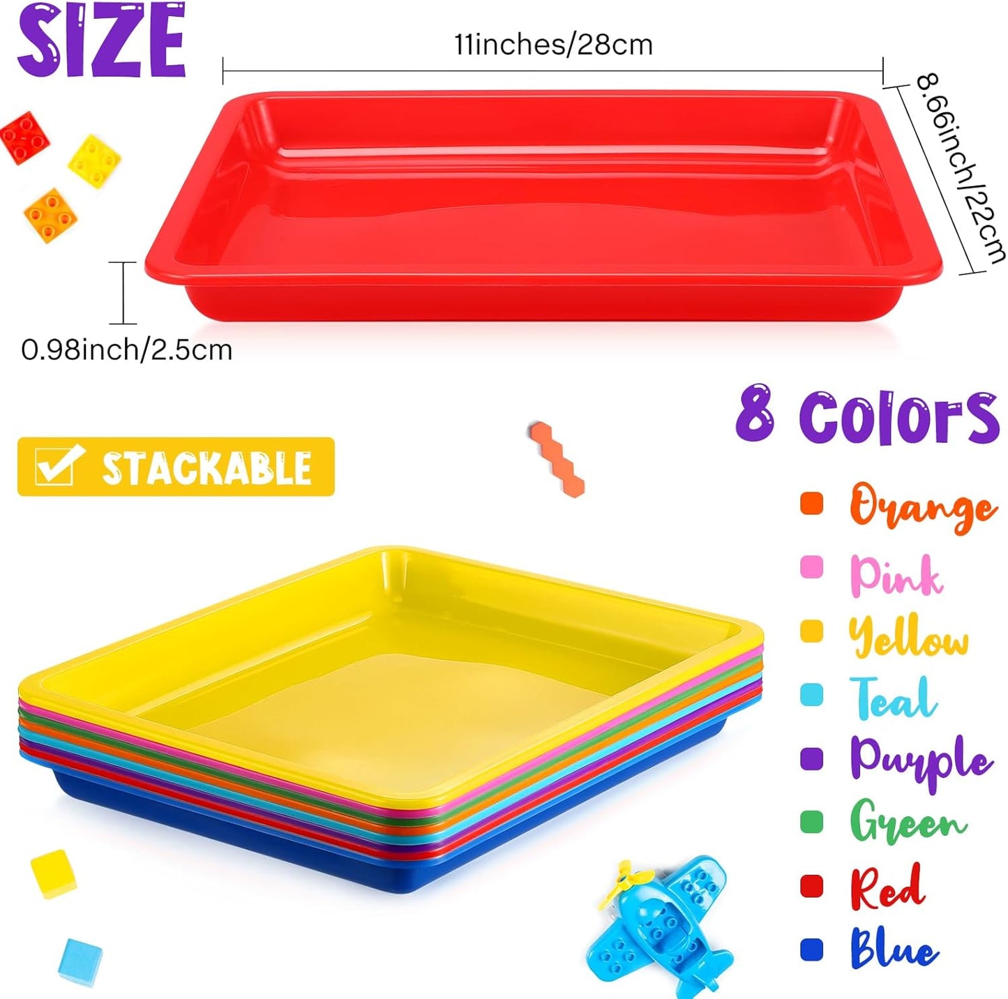 Maitys 24 Pcs Plastic Art Trays 11 x 8.7 x 1 Inch Activity Craft Tray Organizer Serving Tray Stackable Storage Sand Trays for School Painting Beads Crafts DIY Projects(Colorful)