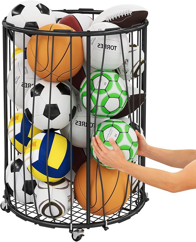 Garage Ball Storage: Round Sports Equipment Organizer with Wheels, Sports Ball Rack With Elastic Rope, Ball Holder for Basketball, Soccer, Volleyball, Football, Garage, Gym, Outdoor (Black)
