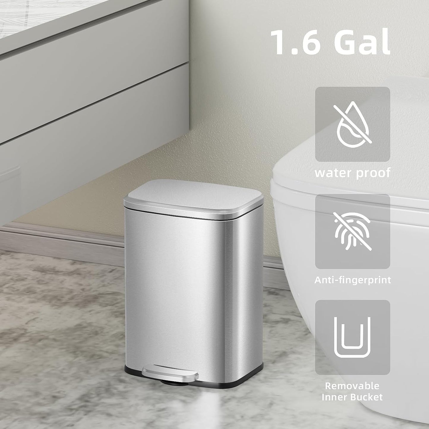 KUK 1.6 Gallon Small Bathroom Trash Can with Lid, 6L/1.6 Gal Office Step Garbage Can for Home, Bathroom, Bedroom, Office, Brushed Stainless Steel