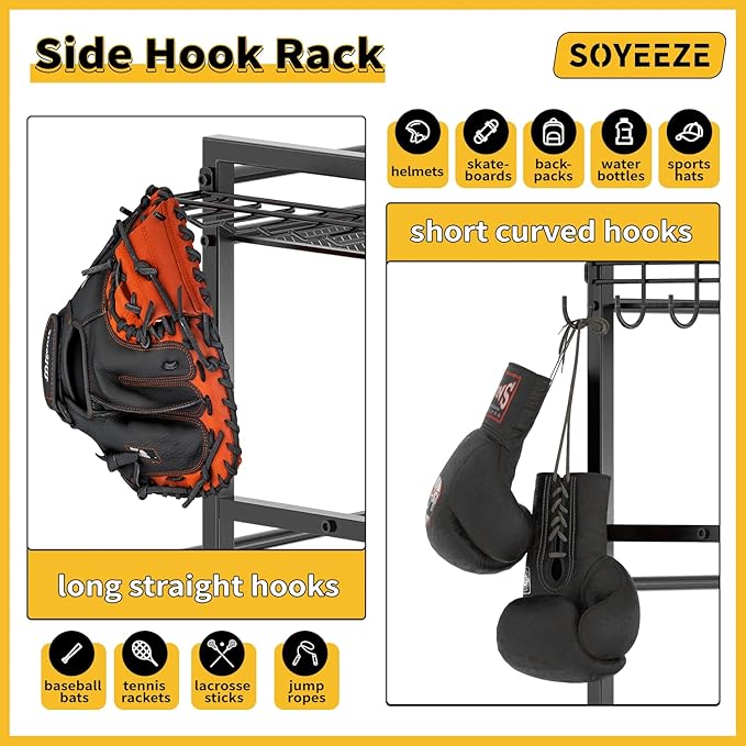 SOYEEZE Sports Equipment Organizer- Ball Storage for Garage,4 Tiers Outdoor Toy Storage,Soccer Racks,Basketball Shooting Training Stand Cart with Wheels and Hooks for Home-School and Gym Use