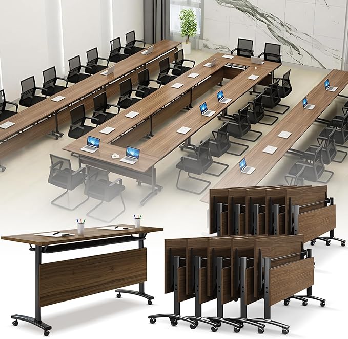 Folding Conference Room Table, Modern Conference Tables with Wheels, Large Rectangular Mobile Training Tables for Office Classroom, Foldable Modular Boardroom Seminar Table Walnut (10pack L47.2in)