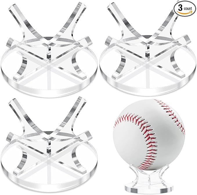 3 Pieces Acrylic Small Ball Stand Holder Sport Ball Display Rack Baseball Display Stand with 3 Pieces Non-Slip Rubber Pads for Baseball Golf Softball Tennis Spheres