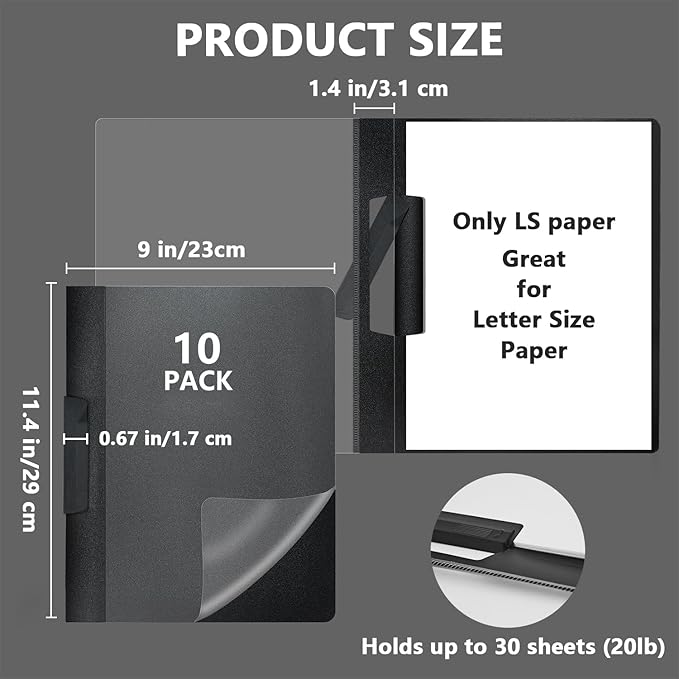 TOTiyea 10 Pack Clear Report Covers with Swing Clip, File Folder with Swing Clip, 30 Sheets Capacity, Slide Locking Report Covers, Letter Size (Black, 10 Pack)