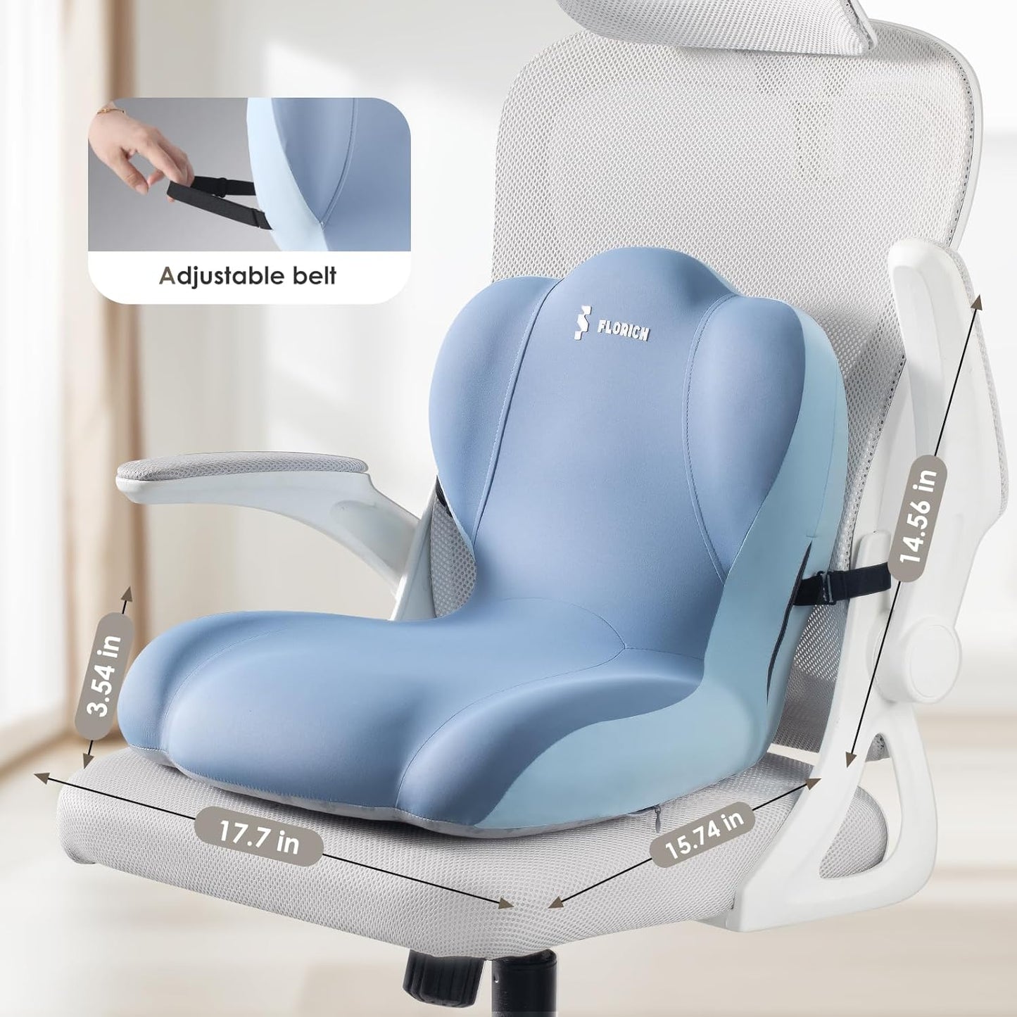 FLORICH Memory Foam Truck Seat Cushion with Adjustable Strap,Seat Cushion and Lumbar Support Pillow for Car Office Chair, Ergonomic Back Support & Sciatica Relief for Long Drives(Blue)