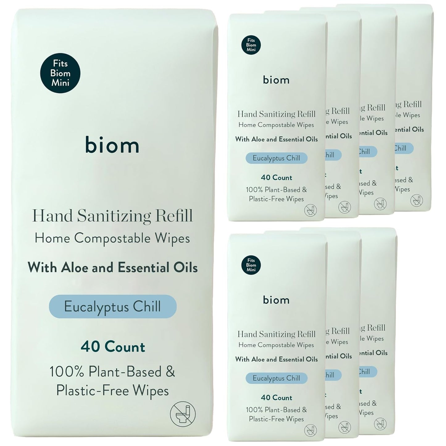 Biom Biodegradable Hand Sanitizing Mini Wipes 8-Pack Refill Kit - Kid-Safe | Plant-Based Hand Wipes for Home & Travel | Natural, Non-Toxic Wet Wipe with Aloe for Soft Skin | Eucalyptus Chill