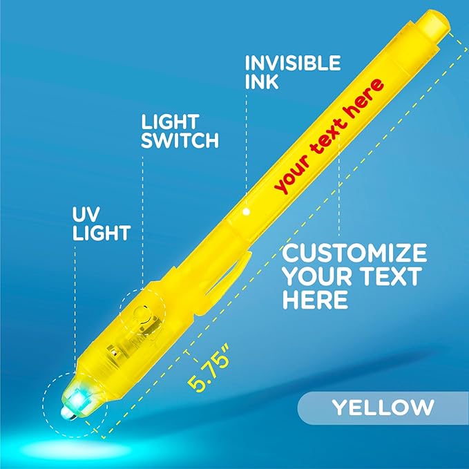 Personalized Invisible Disappearing Ink Pen Marker Pack, Custom Secret Spy Message Writer with UV Light, Fun for Kids Party Favors Gifts and Stock Stuffers, 24 Pack, Yellow
