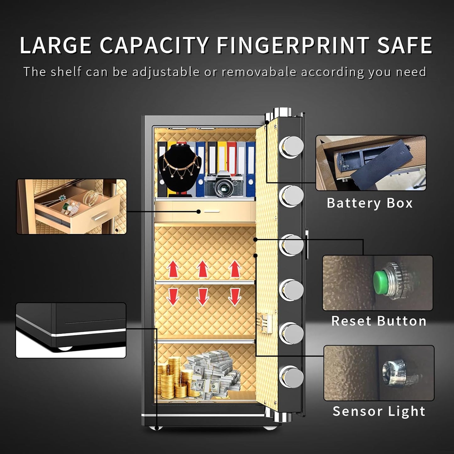 MLJ Extra Large Safe Wifi Smart Safe 17.5 Cu.ft Big Home Safety Box,Heavy Duty Digital Security safe with Built-In Drawer and Removable Shelves,for Home,Hotel,Office,Garage