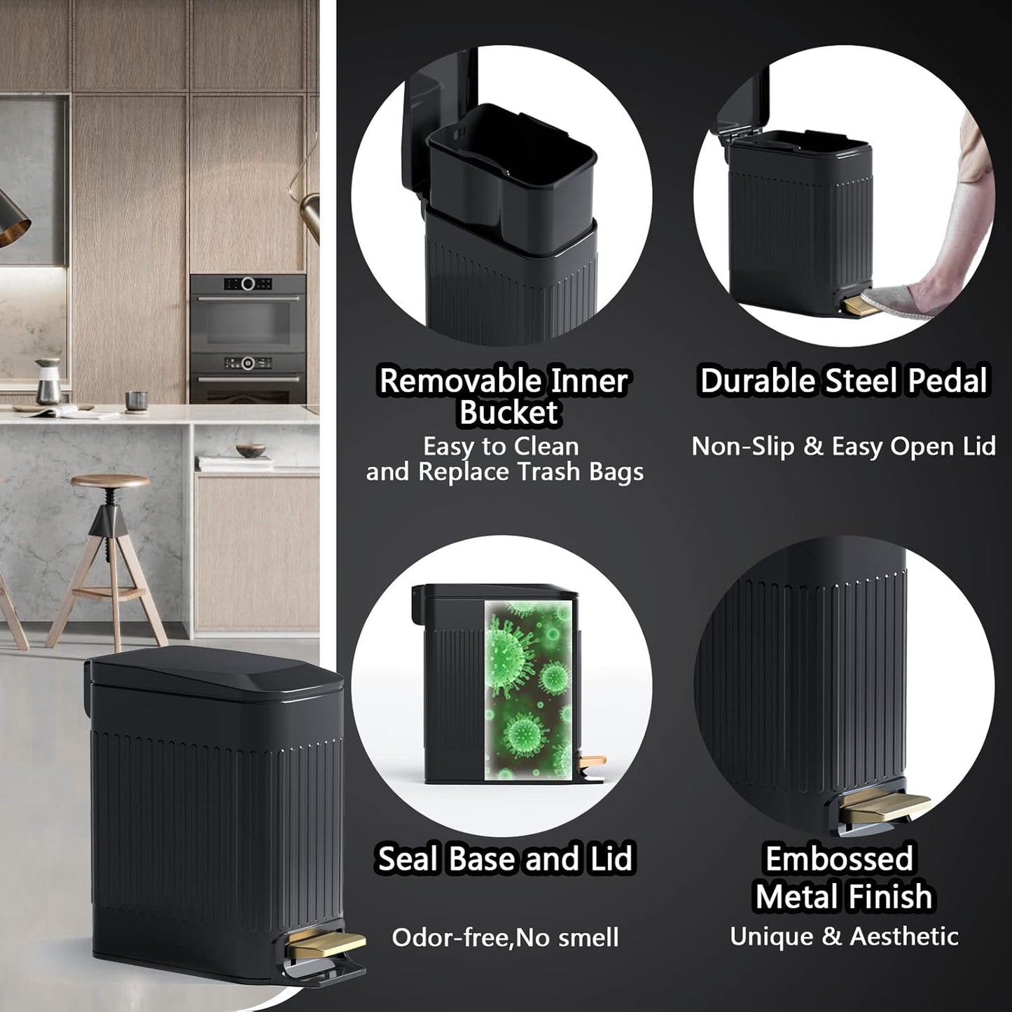 Small Bathroom Trash Can with Lid Soft Close-6L/1.6 Gal Slim Step Garbage Can-Metal Pedal Wastebasket-Narrow Rectangle Garbage Container Bin for Corner Office, Bedroom, Toilet, Live Room-Black