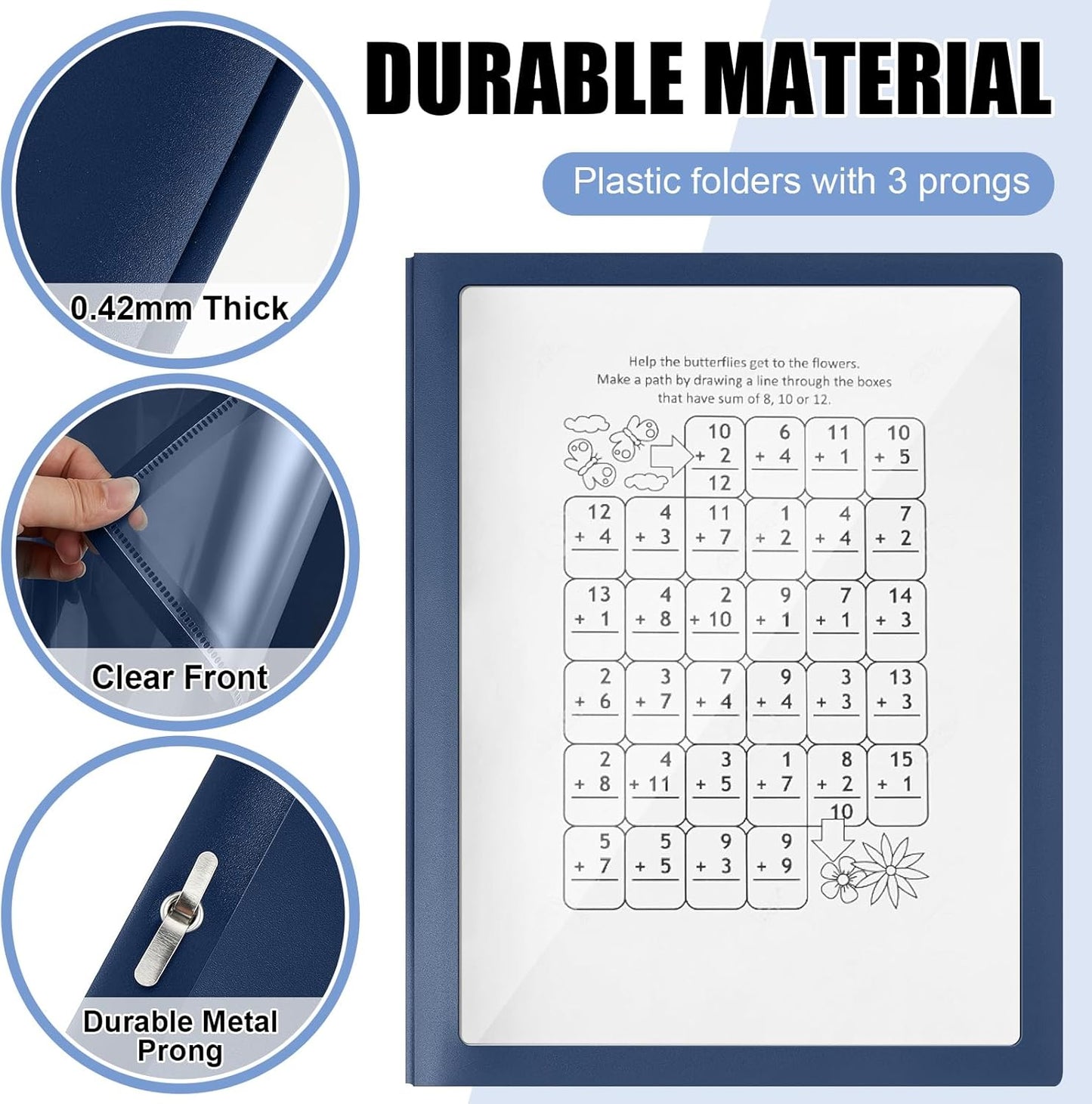 Teling 24 Pcs Report Covers with 3 Prong Fasteners Clear Front Presentation Folders Frame View Poly Report Folder Presentation Binder for Paper Document School Office (Dark Blue)