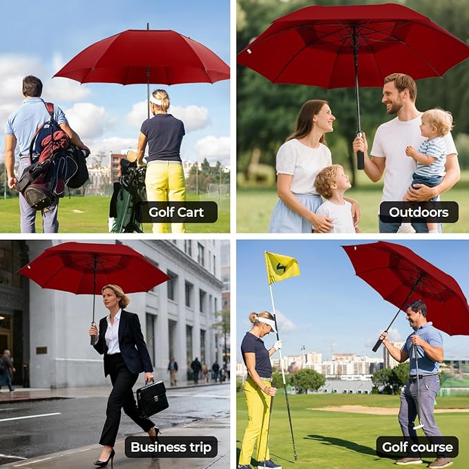 LLanxiry Automatic Open Golf Umbrella 54/62/68/72 Inch, Extra Large Windproof Vented Double Canopy Stick Umbrella, 210T Pongee Waterproof SPF 50+, Fiberglass Ribs, EVA Grip for Golf & Commute
