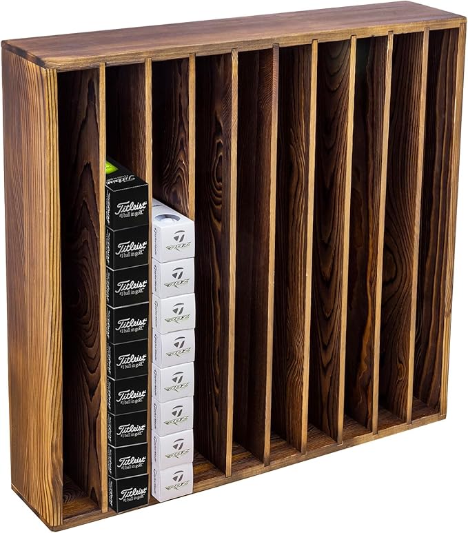 MyGift Golf Ball Sleeves Holder with 10 Compartments, Rustic Burnt Solid Wood Retail Display Rack, Commercial Wall Mounted Storage Shelf