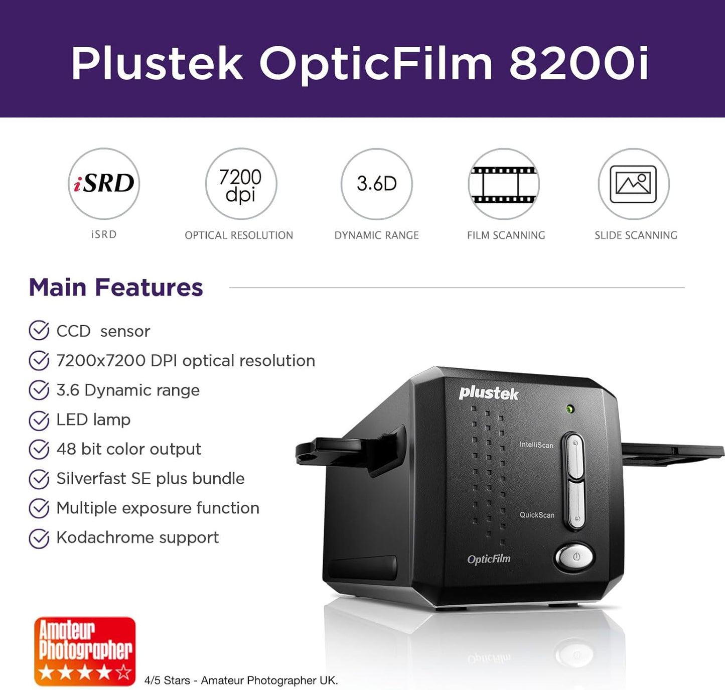 Plustek OpticFilm 8200i SE , 35mm Film & Slide Scanner. 7200 dpi / 48-bit Output. Integrated Infrared Dust/Scratch Removal. Bundle Silverfast SE Plus 9 , Support Mac and PC.