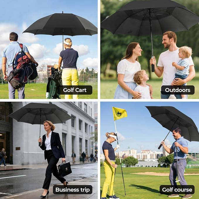 LLanxiry Automatic Open Golf Umbrella 54/62/68/72 Inch, Extra Large Windproof Vented Double Canopy Stick Umbrella, 210T Pongee Waterproof SPF 50+, Fiberglass Ribs, EVA Grip for Golf & Commute