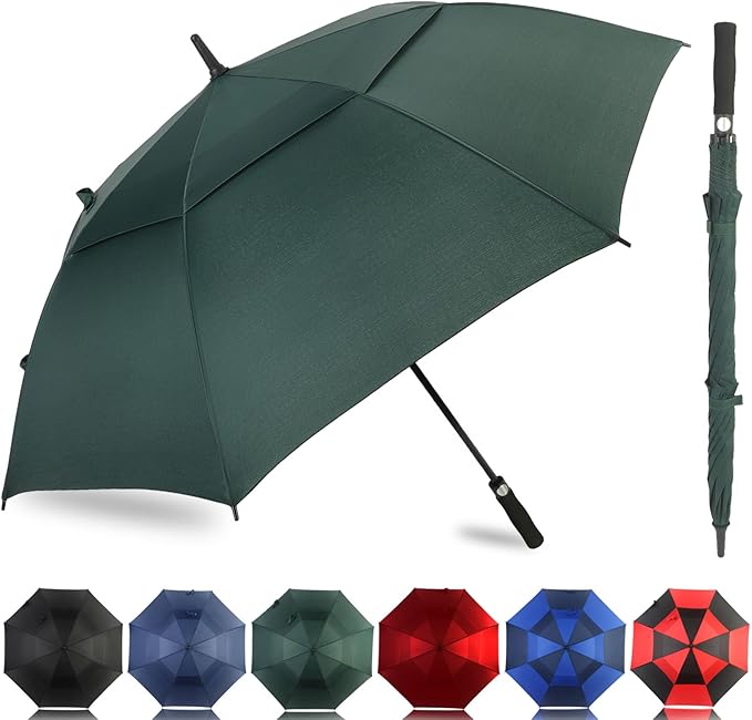 LLanxiry Automatic Open Golf Umbrella 54/62/68/72 Inch, Extra Large Windproof Vented Double Canopy Stick Umbrella, 210T Pongee Waterproof SPF 50+, Fiberglass Ribs, EVA Grip for Golf & Commute