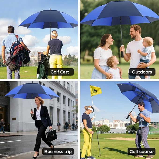 LLanxiry Automatic Open Golf Umbrella 54/62/68/72 Inch, Extra Large Windproof Vented Double Canopy Stick Umbrella, 210T Pongee Waterproof SPF 50+, Fiberglass Ribs, EVA Grip for Golf & Commute