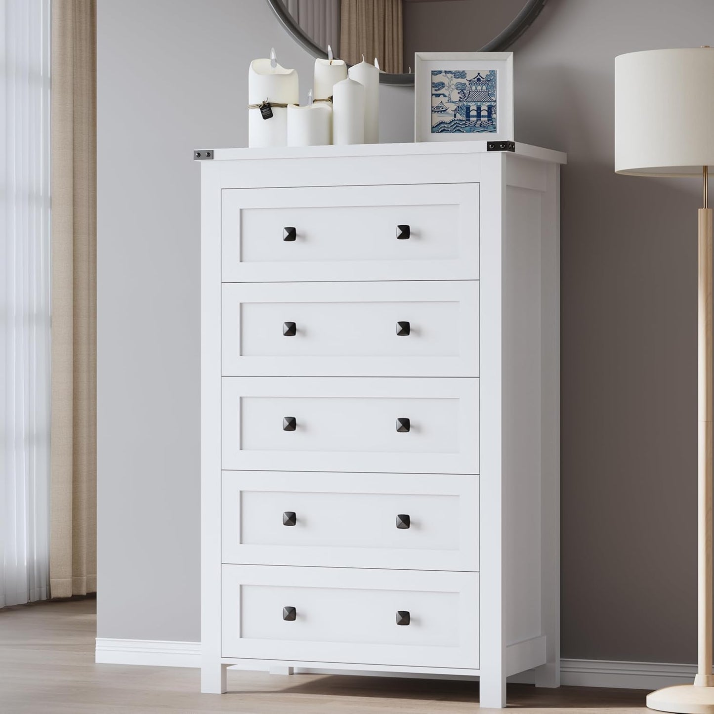 Tall 5-Drawer Dresser, Modern Wooden Storage Chest of Drawers, Dresser TV Stand, Wood Drawer Organizer with Metal Handles for Bedroom, Living Room, Hallway