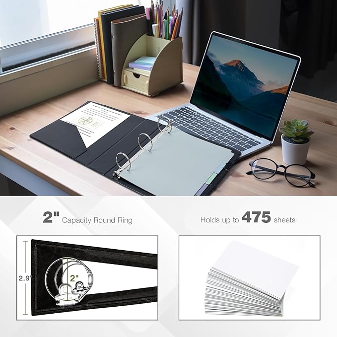 Ospelelf 3 Ring Binder with Clipboard 2 Inch Leather Binder for Letter Size (8.5" x 11"), Clipboard Binder with 5 Tab Dividers Back to School Supply, Black